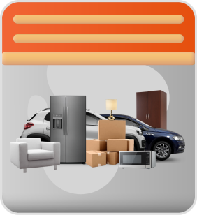 Bodega con vehículo sedan, camioneta, ropero, refrigerador, sillón, microondas y cajas con artículos varios